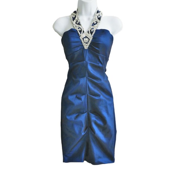 Vintage Cocktail Dress Cobalt Taffeta Ruched Bling Beaded Sequin Halter 4 USA - Picture 2 of 9